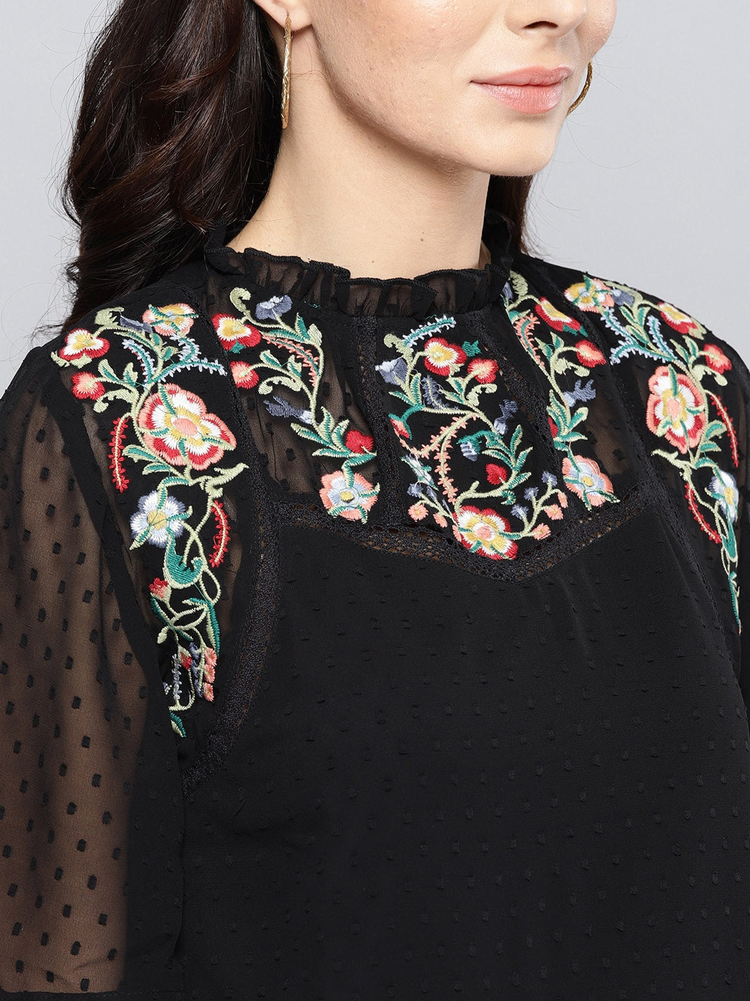 Black Top with Floral Embroidery