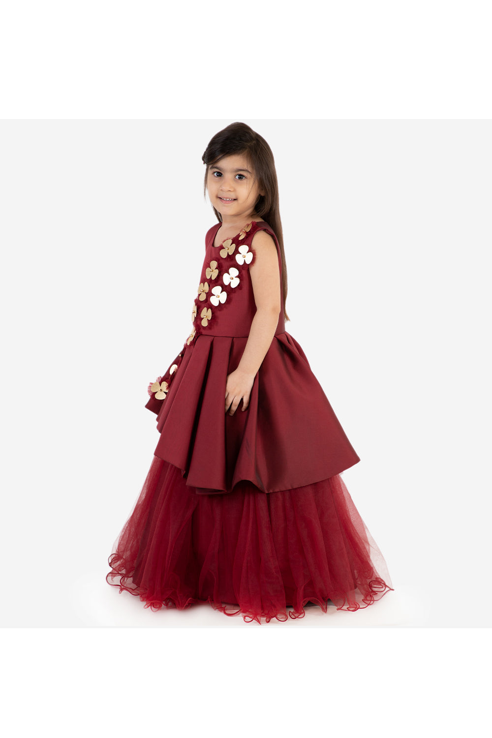 Maroon gown with 3D flowers