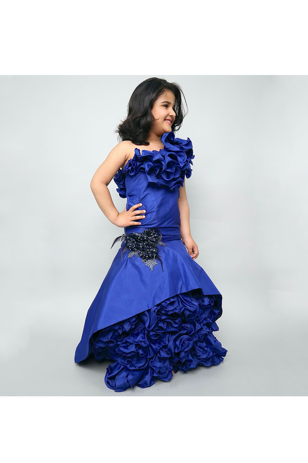 Blueberry one shoulder silk gown with tail