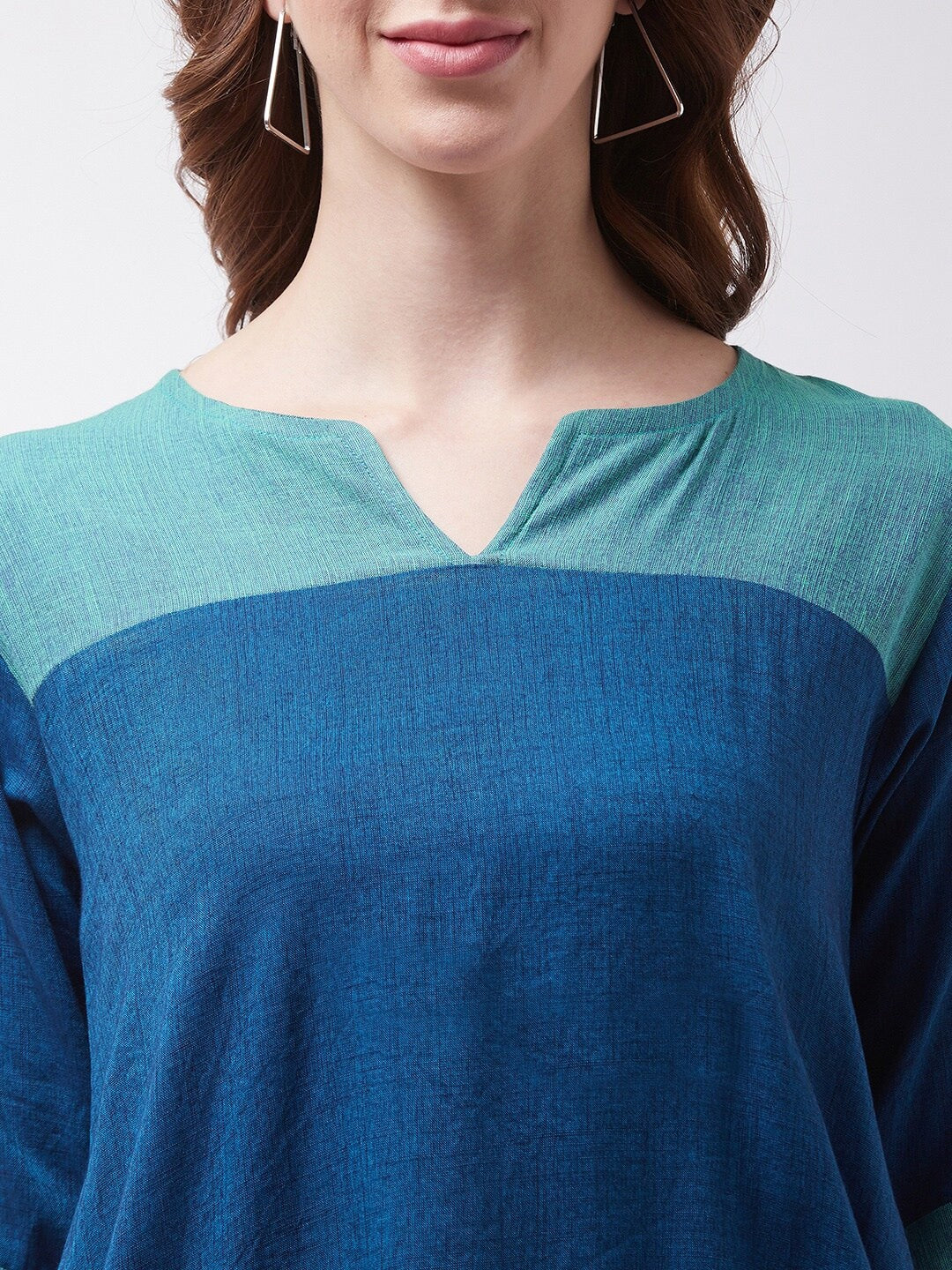 Women Blue Color blocked Pure Cotton A-Line Top