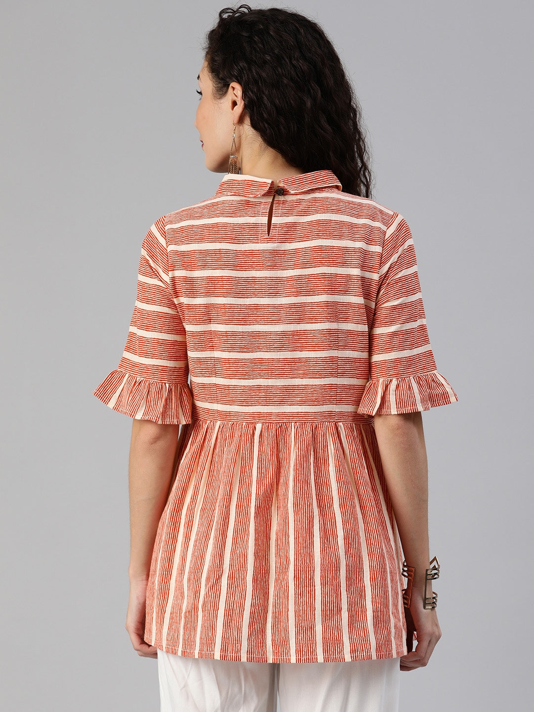 Orange & Off-White Striped Bell Sleeved Pure Cotton Top with Gtahers