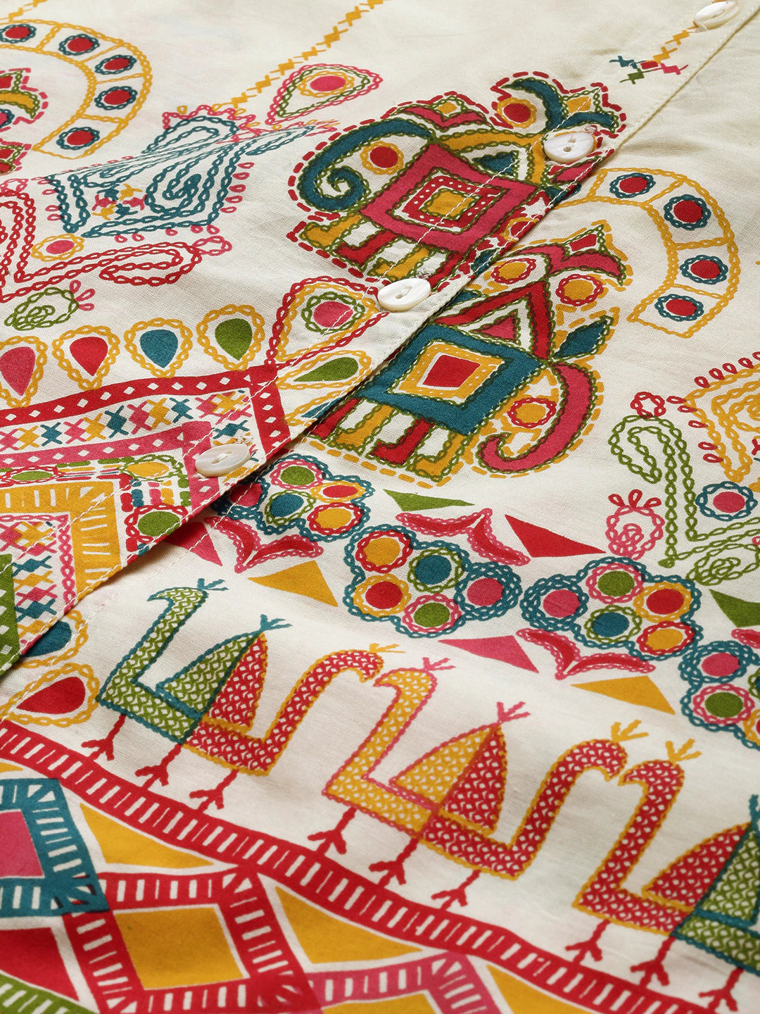 Beige & Red Antiviral Finish Ethnic Motifs Anti-Viral Pure Cotton Top