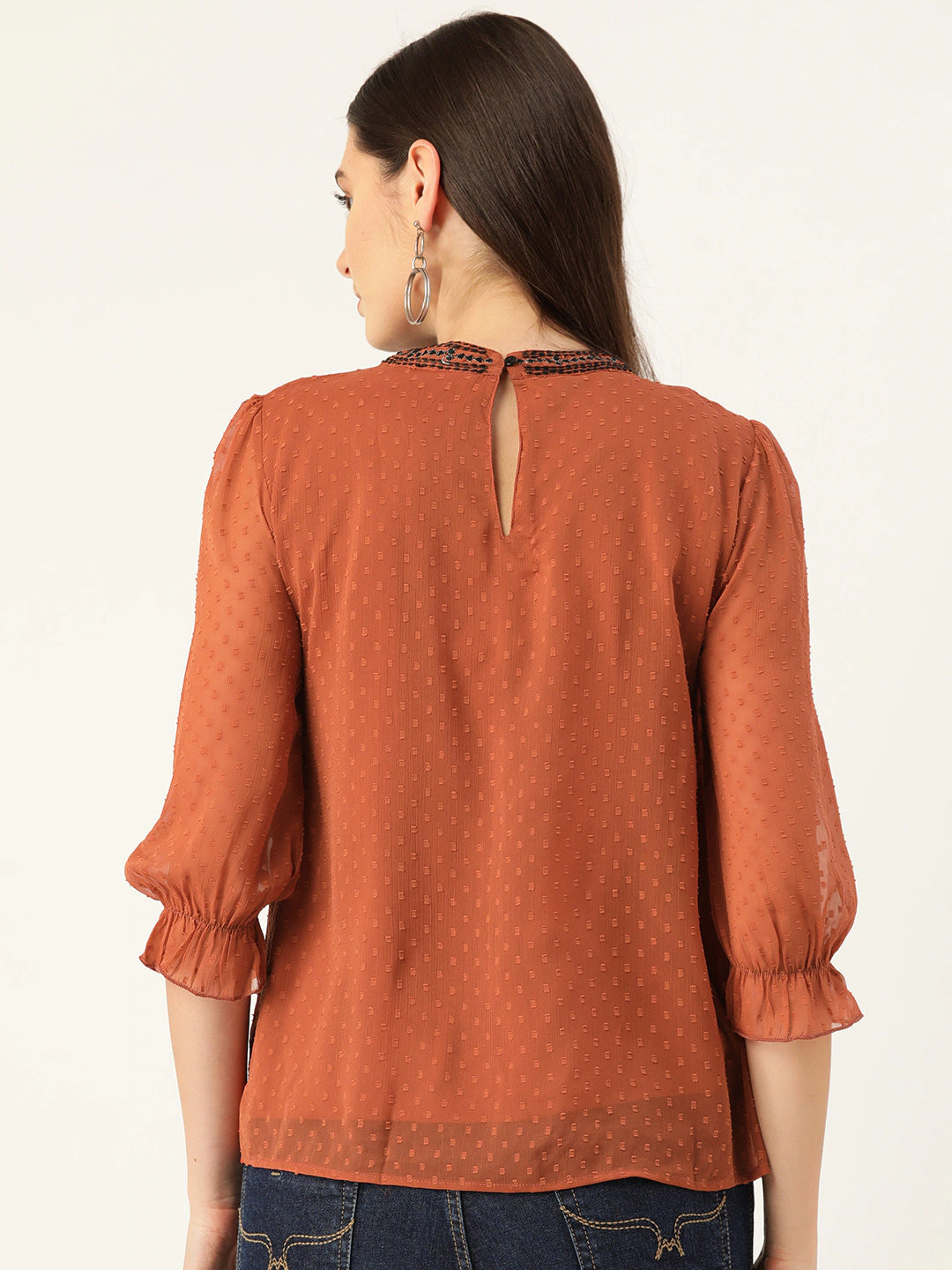 Women Rust Brown & Black Embroidered Dobby Weave A-Line Top