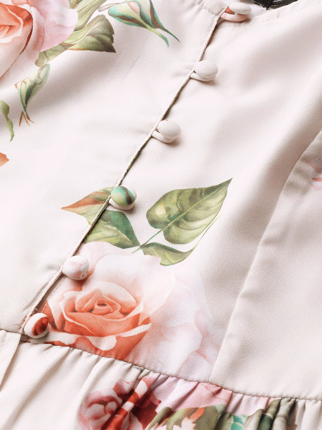 Nude-Colored & Green Floral Printed Puff Sleeves Peplum Top