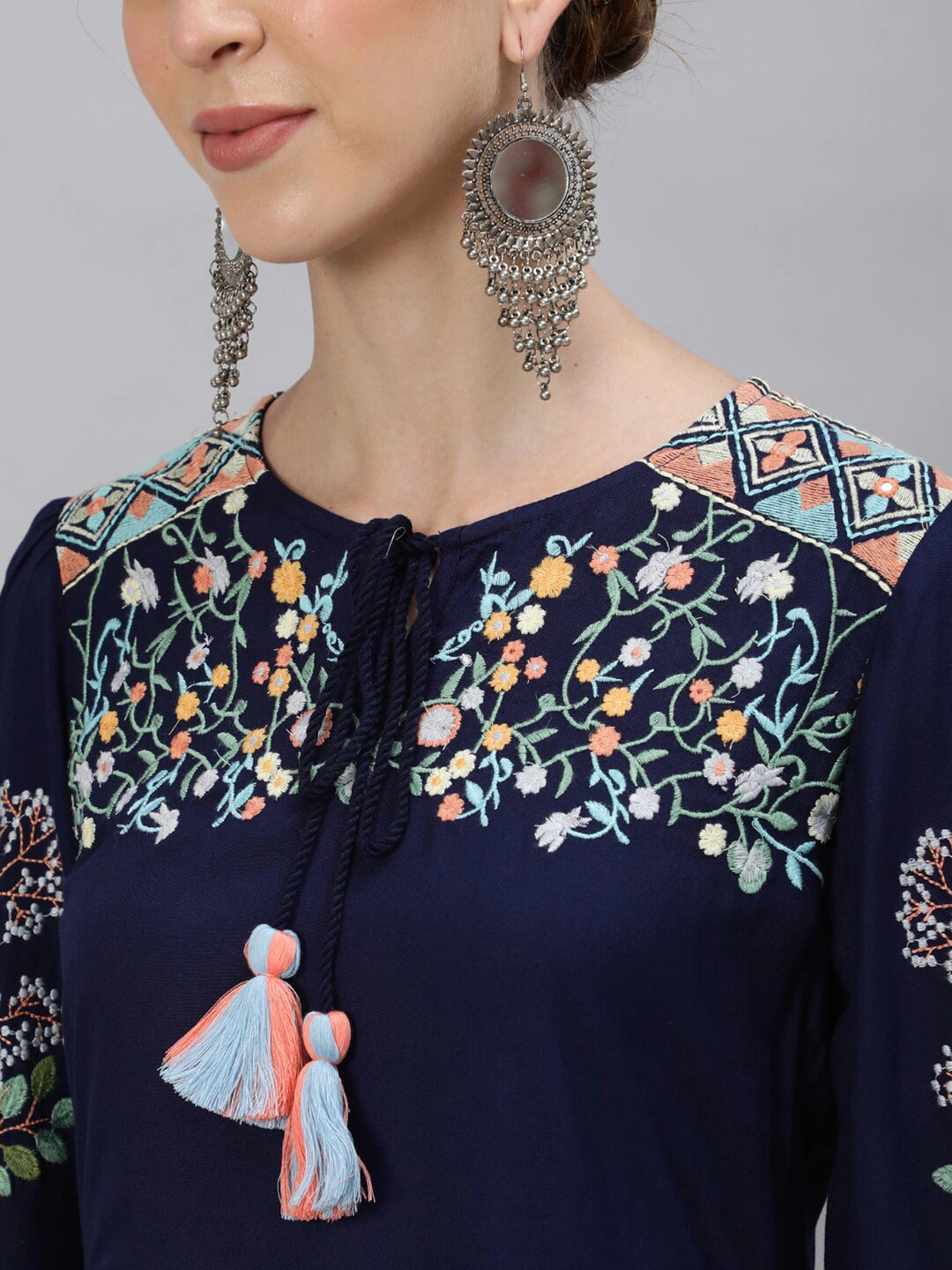 Women Navy Blue Embroidered A-Line Top