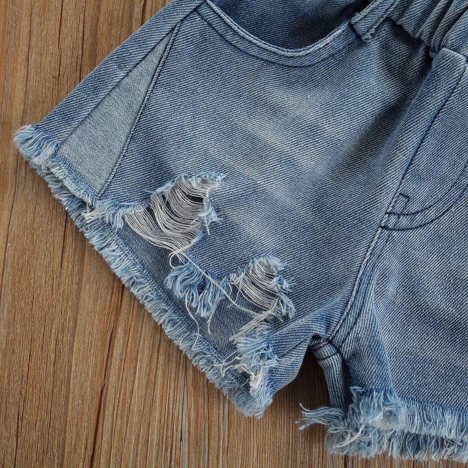 Knotted checks top and denim shorts set