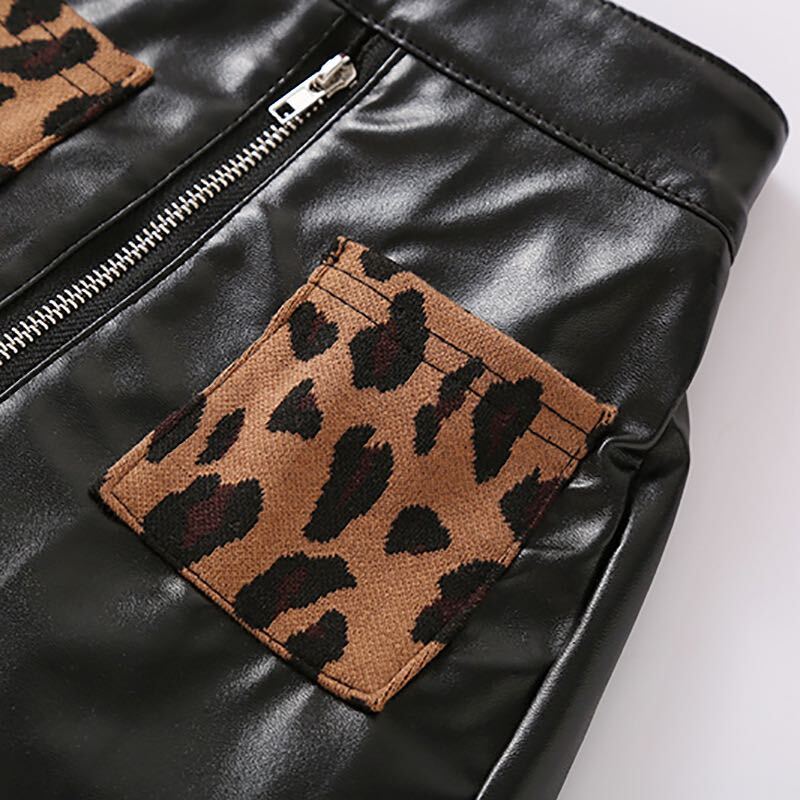 Leopard pullover and faux leather skirt set
