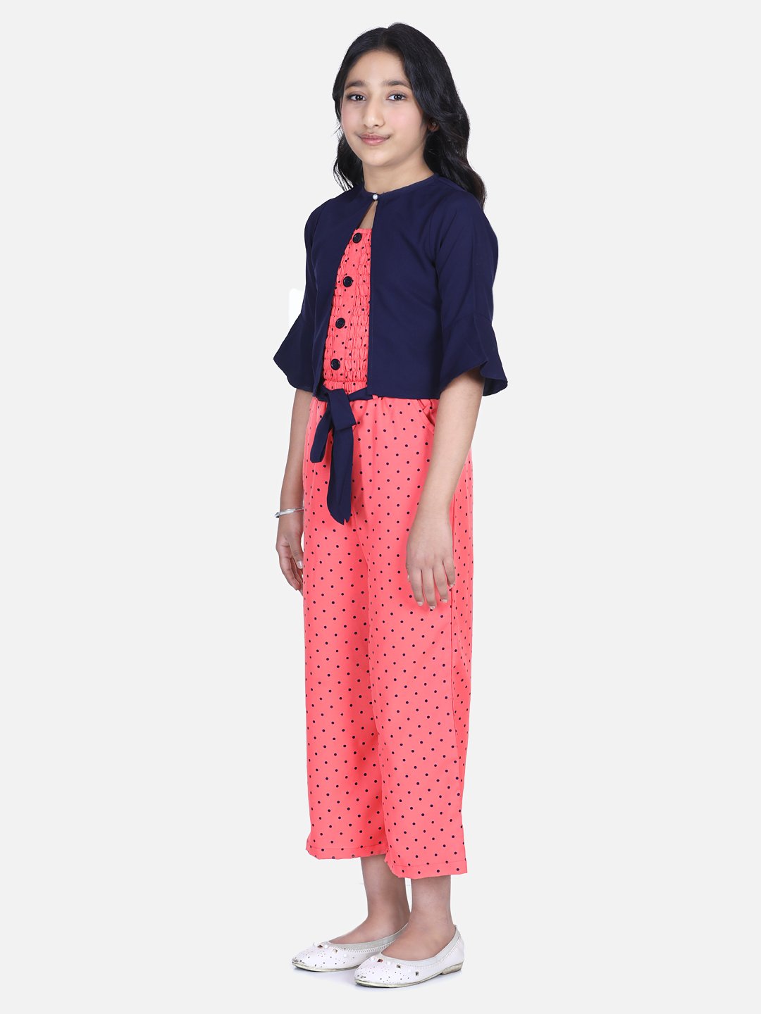 Coral Polka Smocking Jumpsuit with Shrug Set