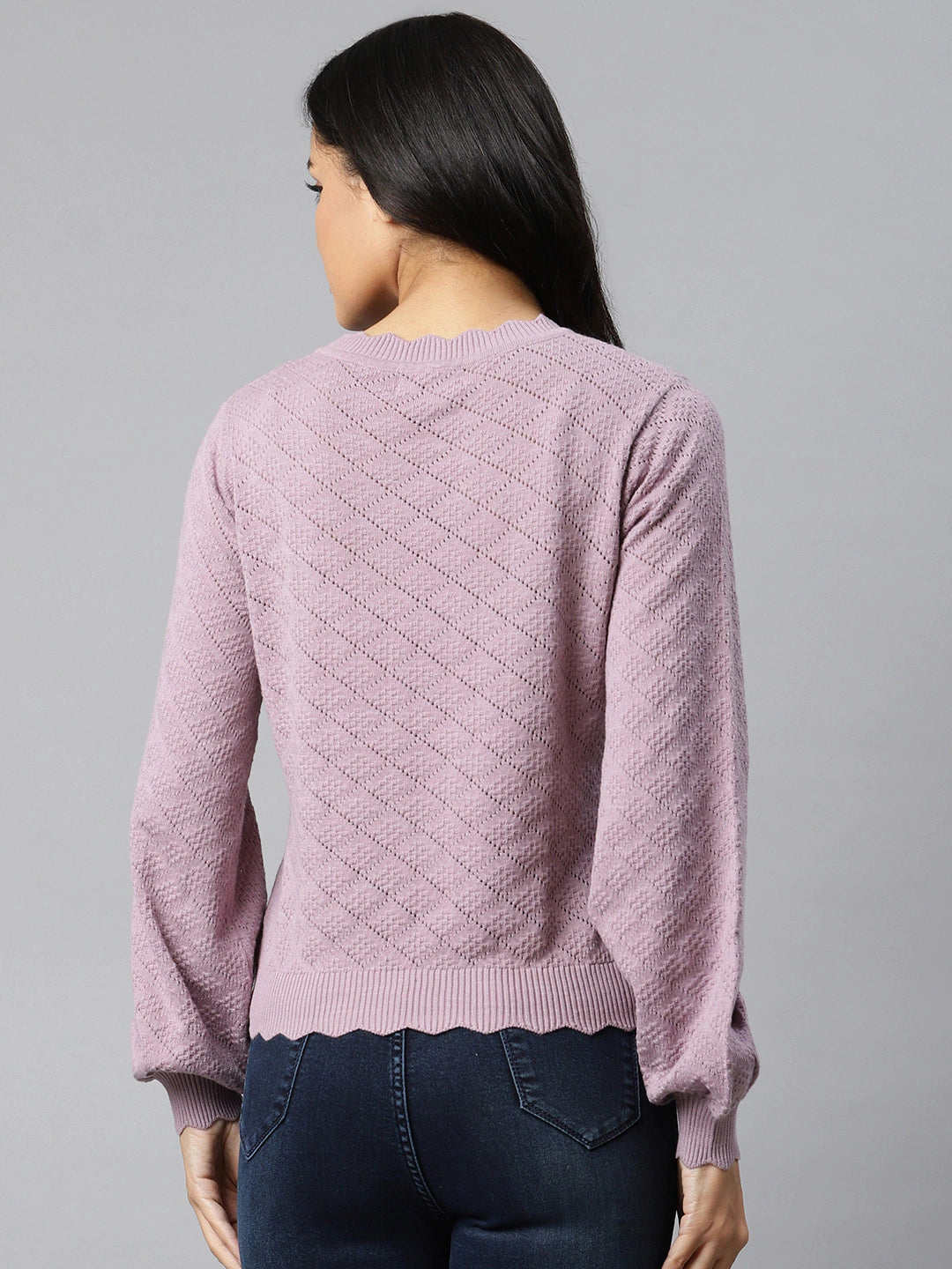 The Lifestyle Co Lavender Geometric Puff Sleeve Crochet Knit Blouson Top