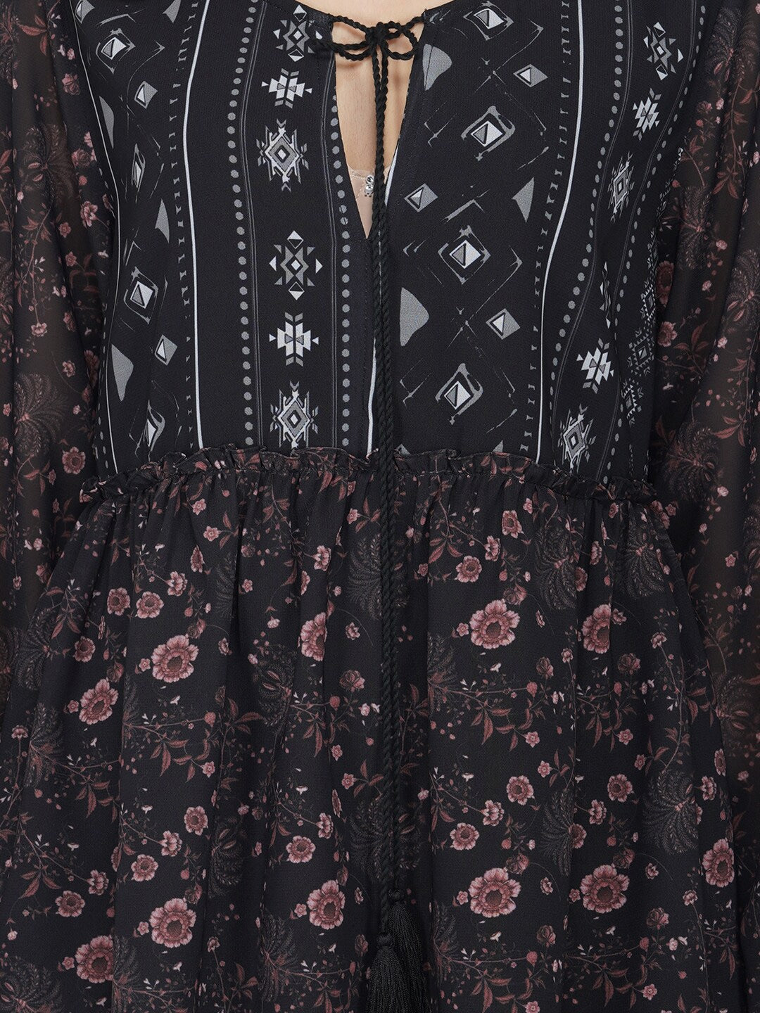 Women Black Floral Printed Chinched Waist Top