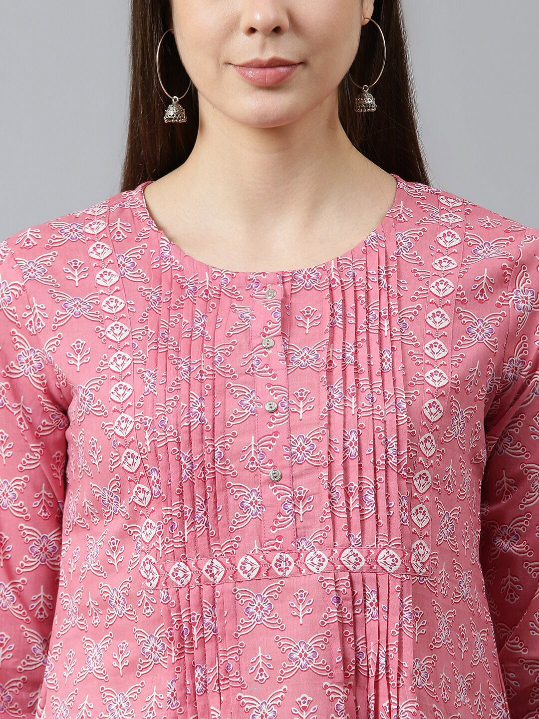 Pink Printed Pure Cotton A-Line Top