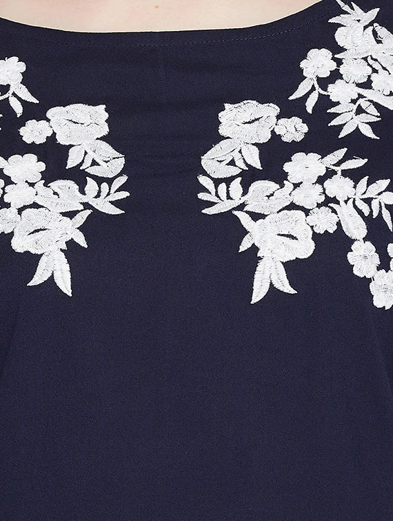 Navy Blue Embroidered Regular Top