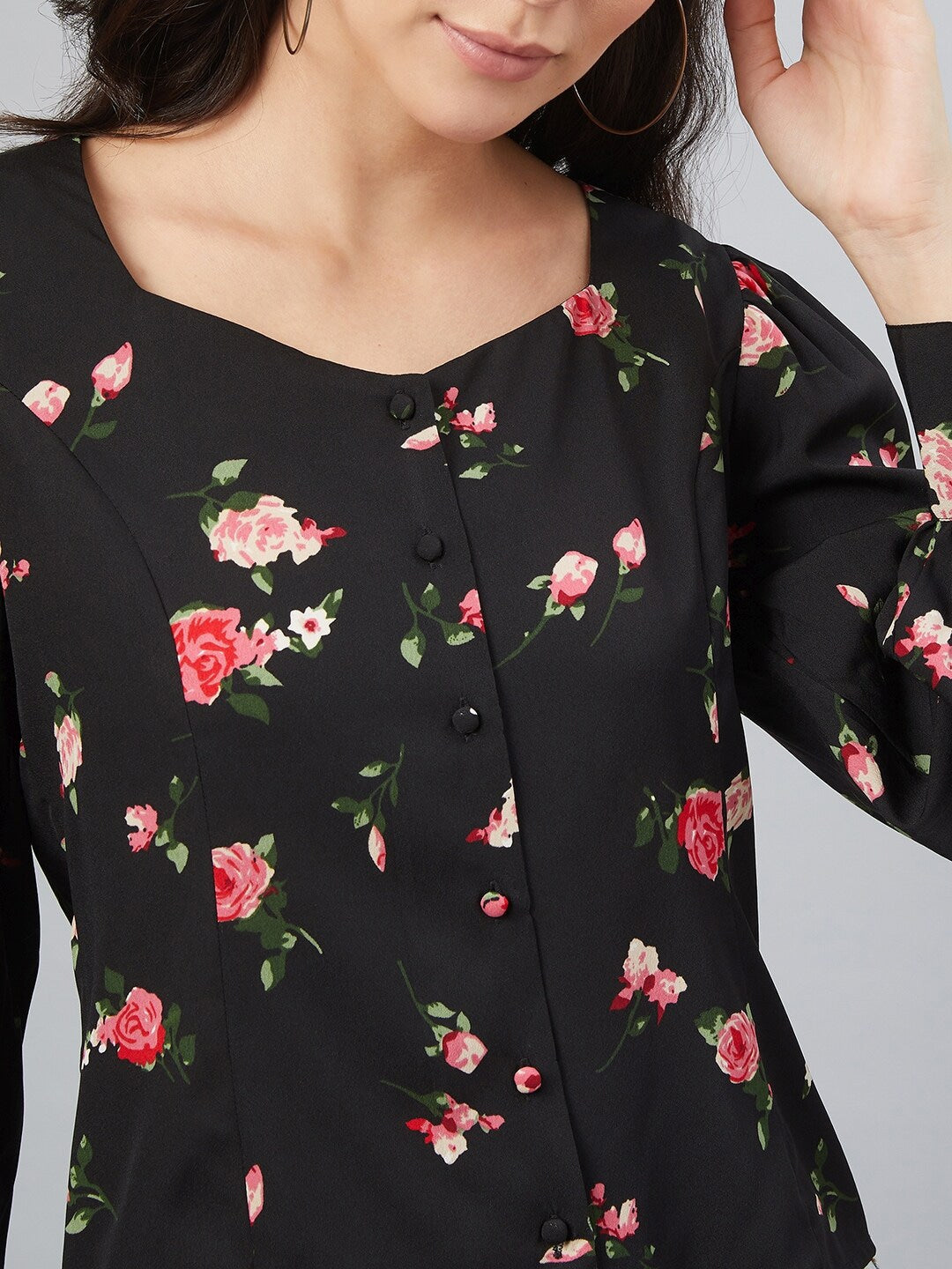 Black & Pink Floral Shirt Style Top