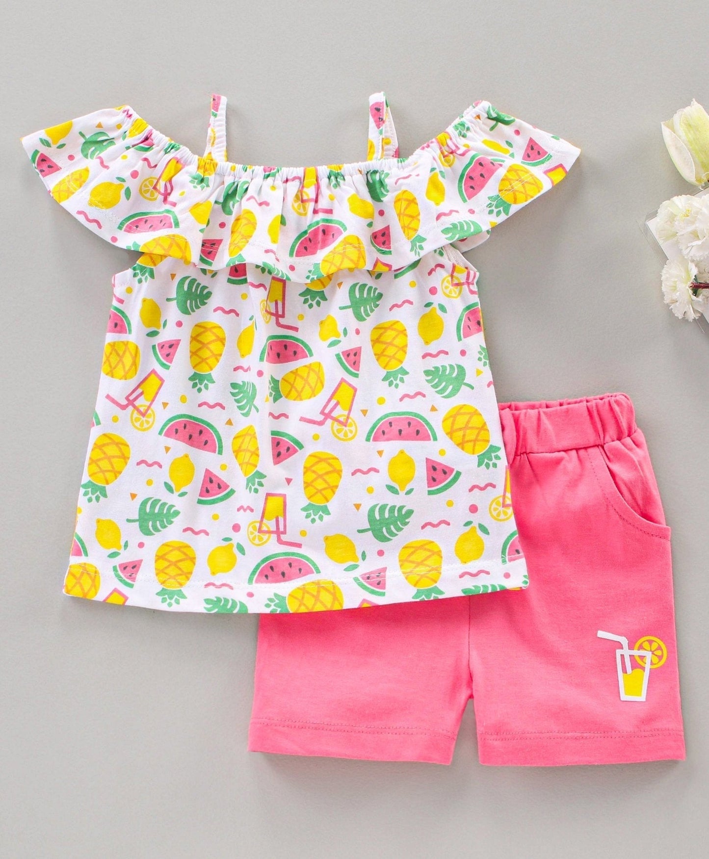 Babyhug Short Sleeves Cold Shoulder Top and Shorts Set Fruits Print – White Pink