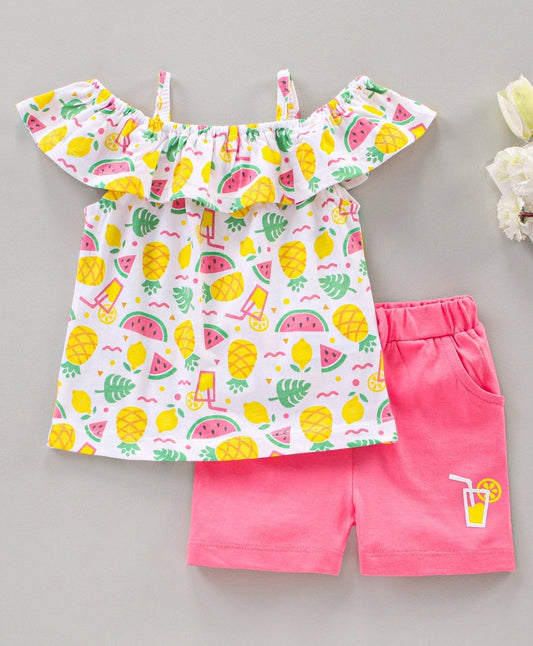 Babyhug Short Sleeves Cold Shoulder Top and Shorts Set Fruits Print – White Pink