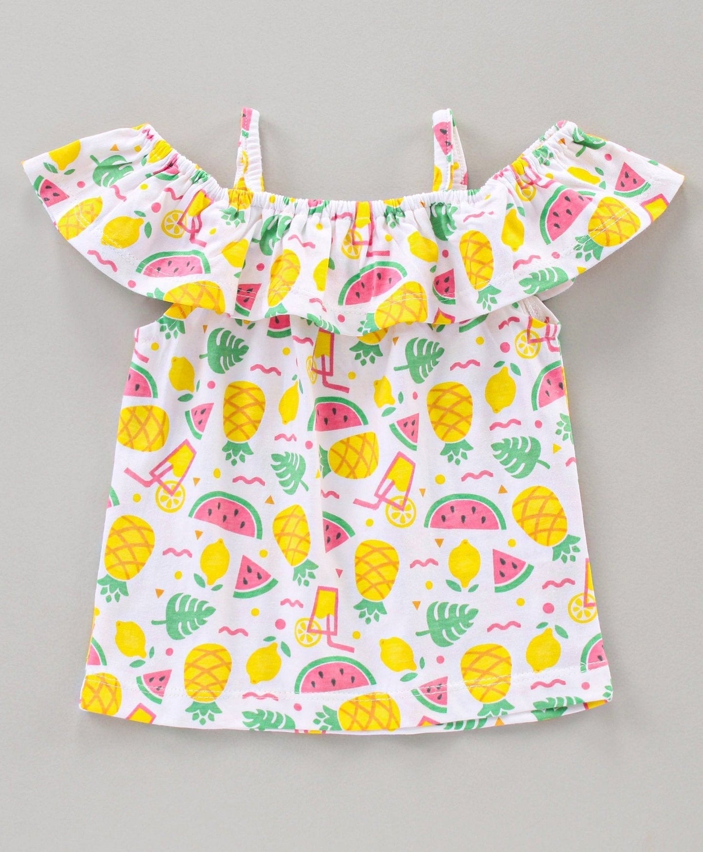 Babyhug Short Sleeves Cold Shoulder Top and Shorts Set Fruits Print – White Pink