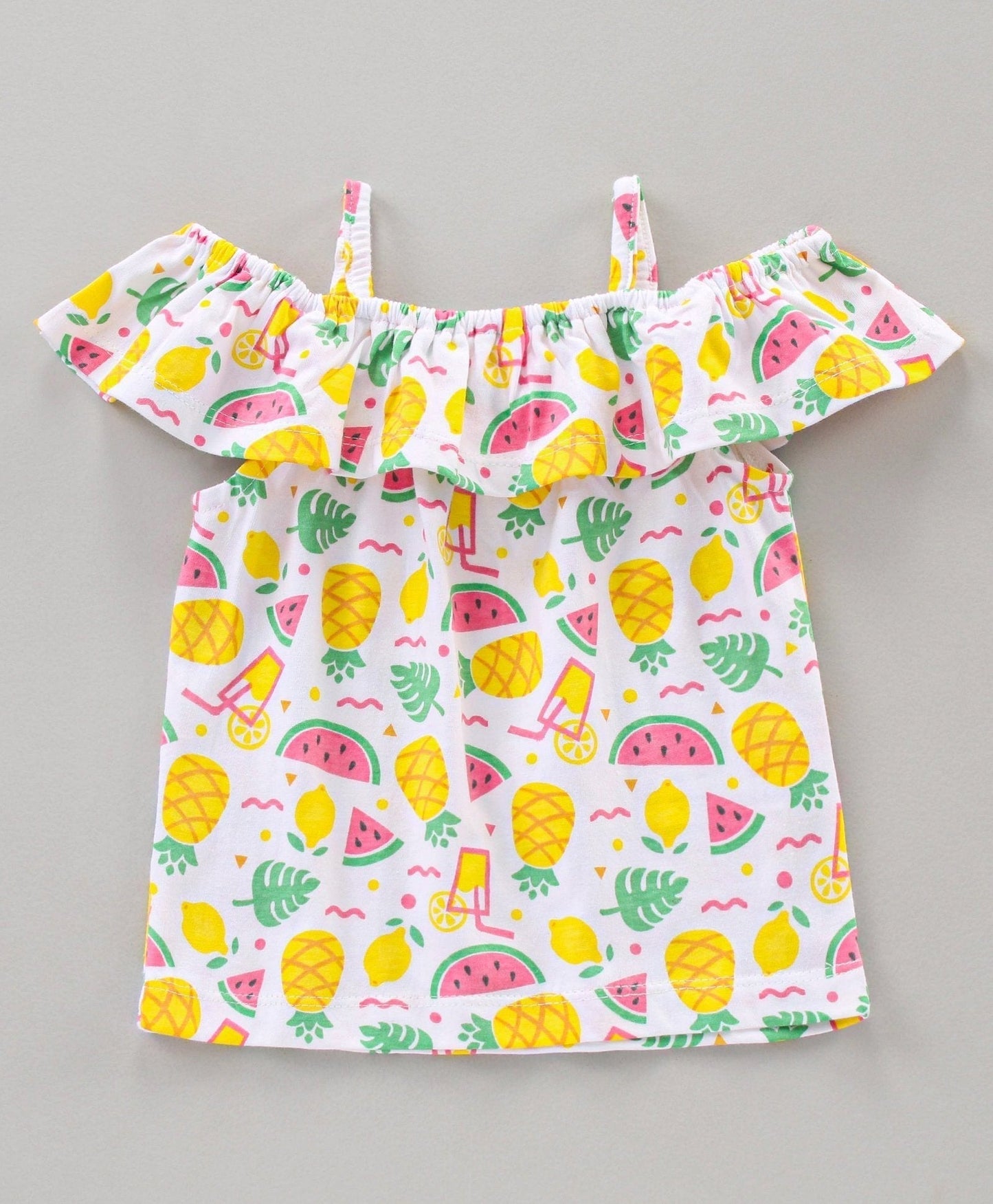 Babyhug Short Sleeves Cold Shoulder Top and Shorts Set Fruits Print – White Pink