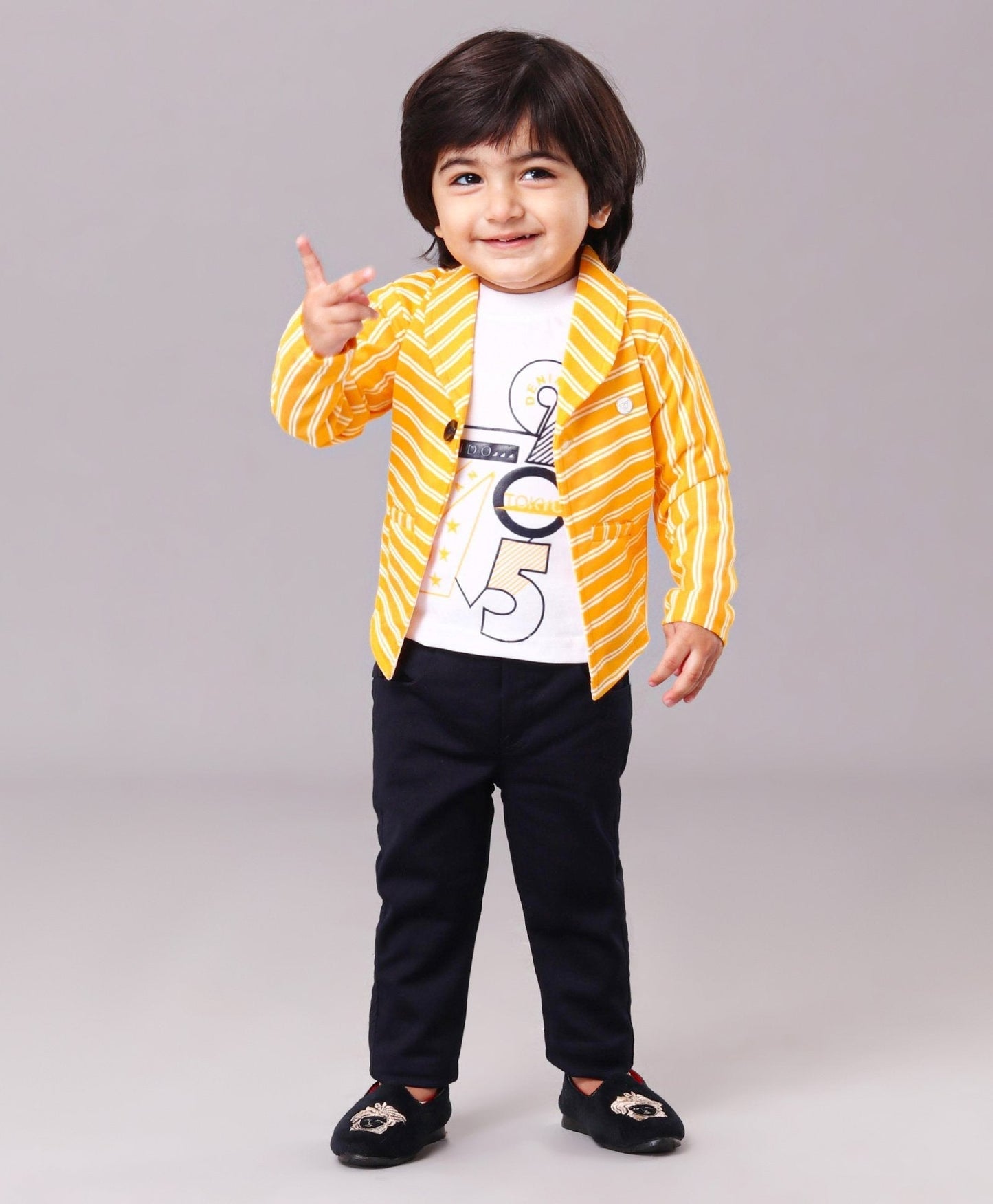 Dapper Dudes Full Sleeves Striped Blazer With Tee & Bottom - Yellow