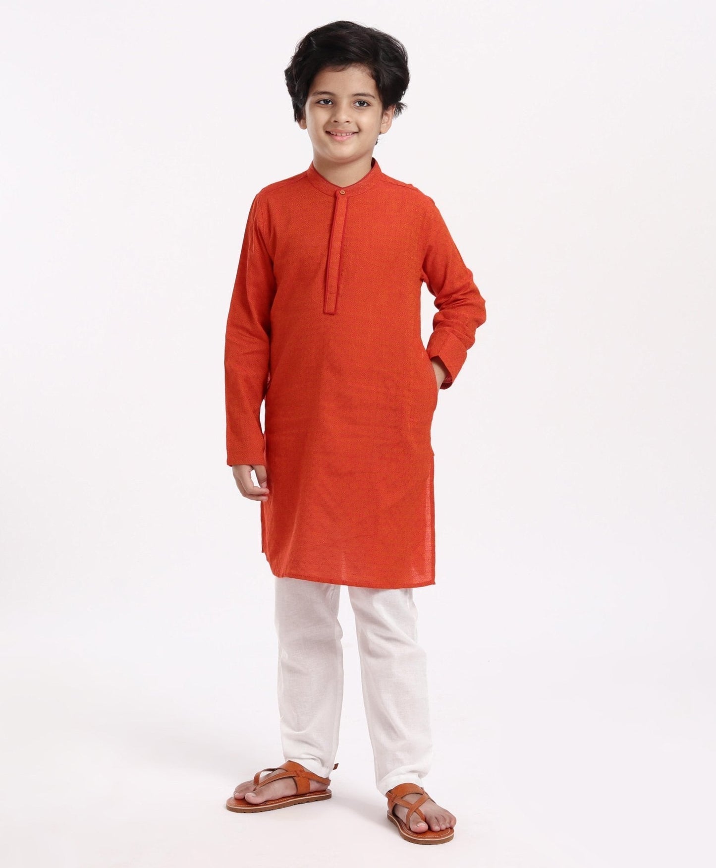 Kids Full Sleeves Textured Kurta with Placket Detailing and Pyjama Set - Orange