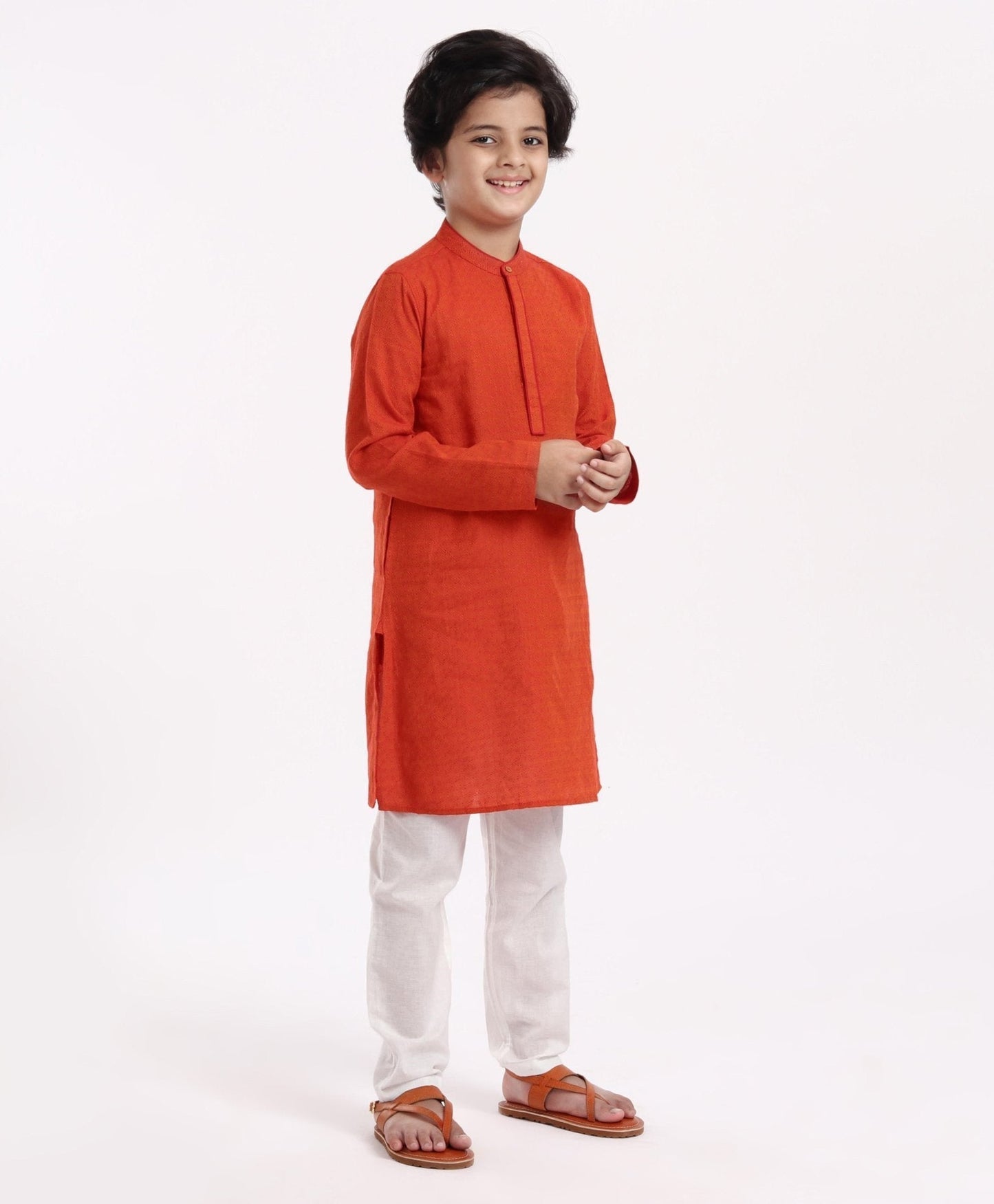 Kids Full Sleeves Textured Kurta with Placket Detailing and Pyjama Set - Orange
