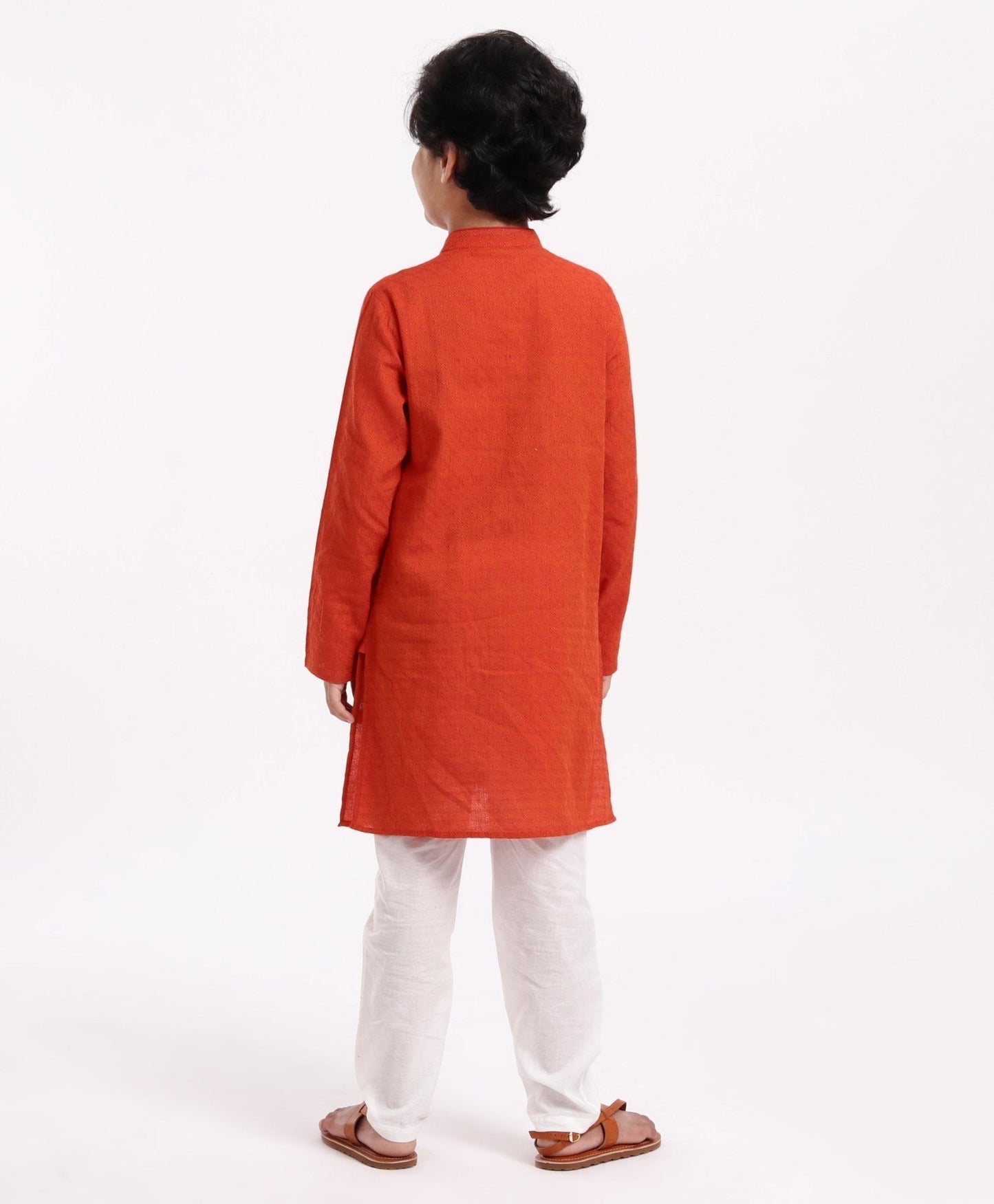 Kids Full Sleeves Textured Kurta with Placket Detailing and Pyjama Set - Orange