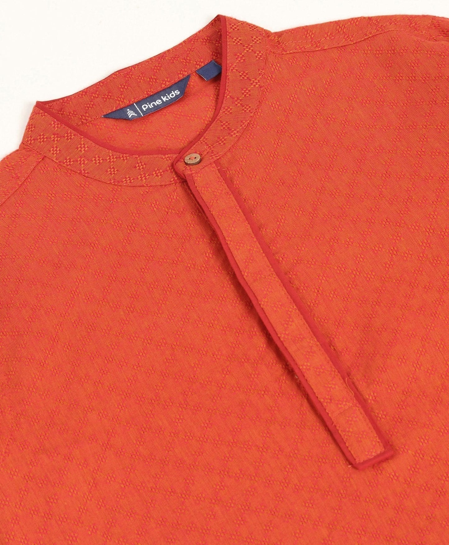 Kids Full Sleeves Textured Kurta with Placket Detailing and Pyjama Set - Orange