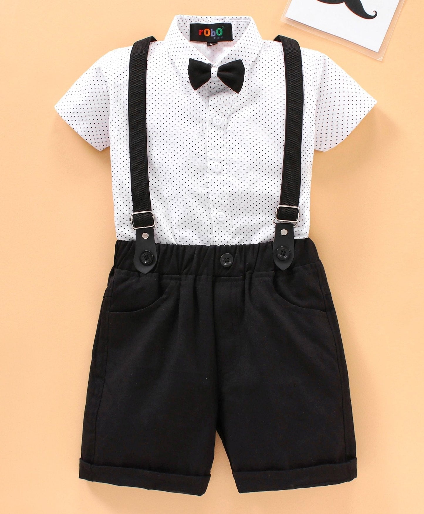Robo Fry Party Wear Half Sleeves Printed Shirt & Shorts Set with Suspenders & Bow - Black