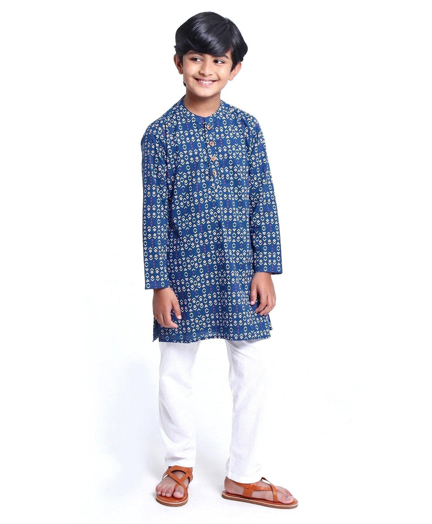 Kids Full Sleeve Boys Kurta Pyjama Set with Cotton Lining Self Printed - Blue Sapphire