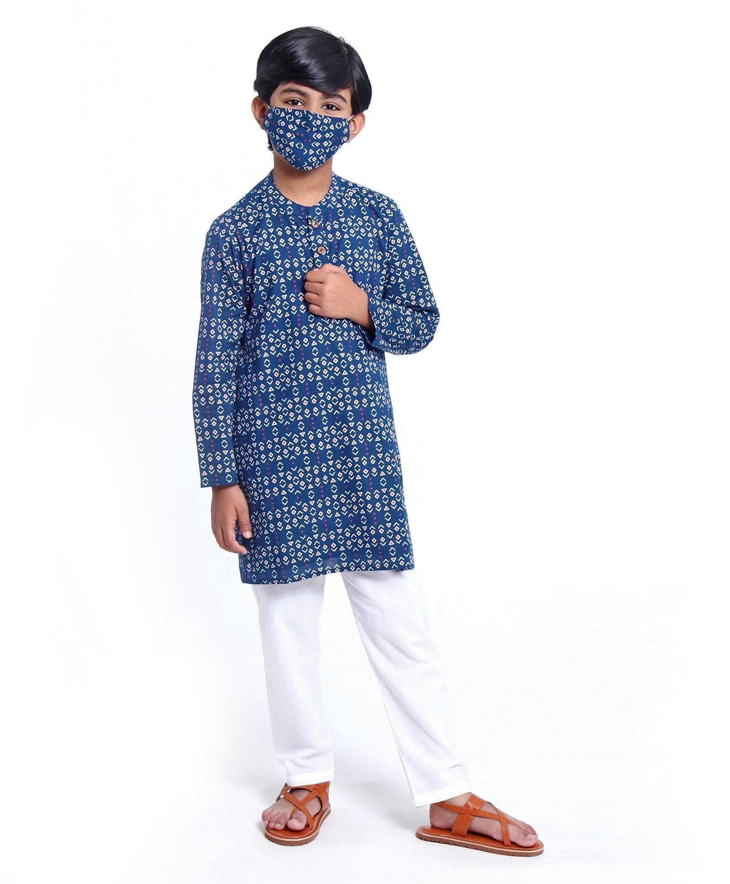 Kids Full Sleeve Boys Kurta Pyjama Set with Cotton Lining Self Printed - Blue Sapphire