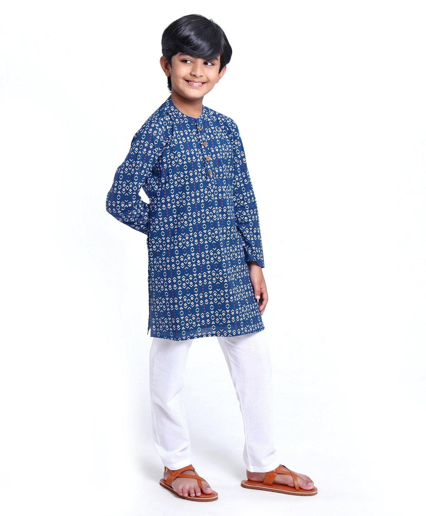 Kids Full Sleeve Boys Kurta Pyjama Set with Cotton Lining Self Printed - Blue Sapphire