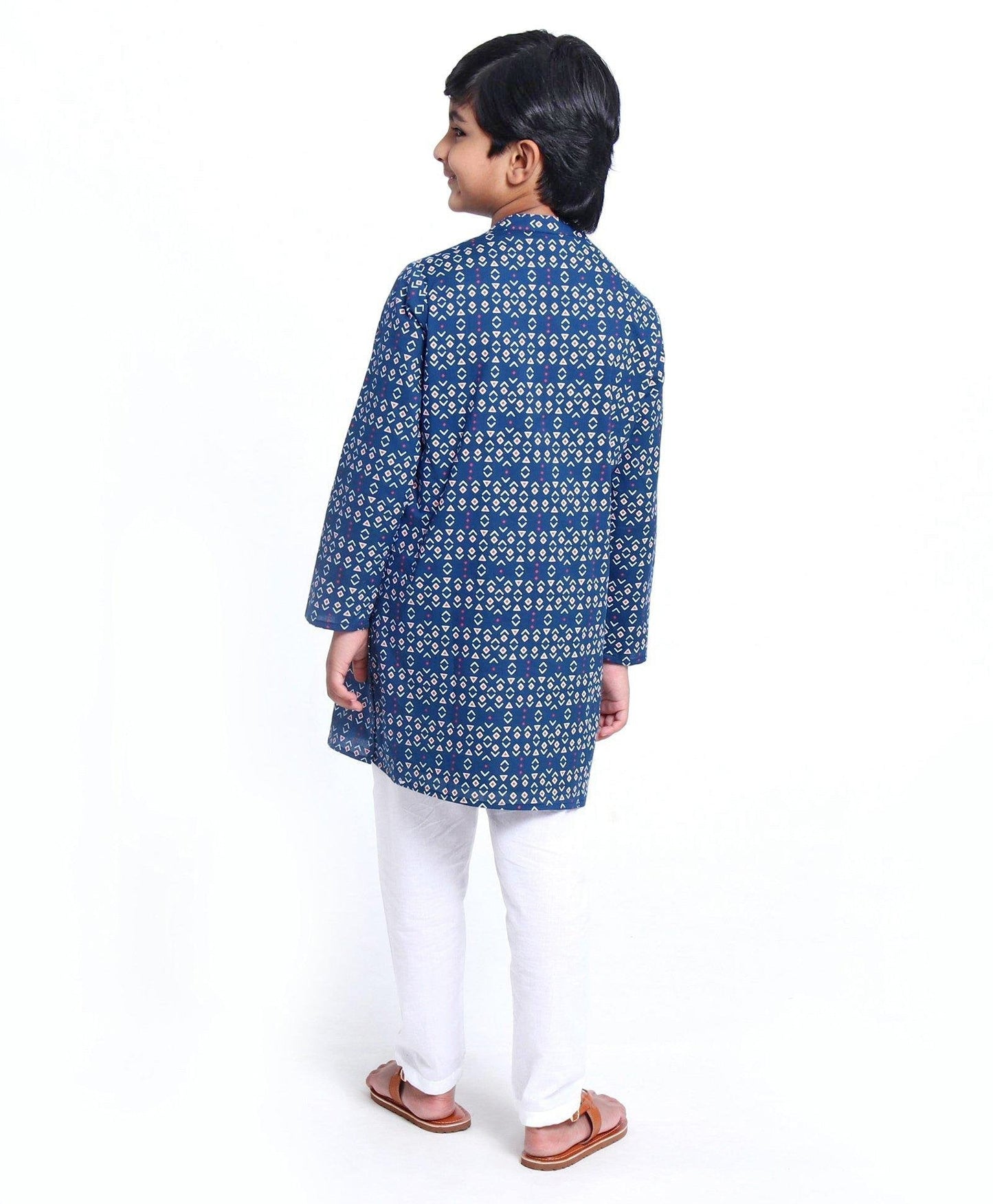 Kids Full Sleeve Boys Kurta Pyjama Set with Cotton Lining Self Printed - Blue Sapphire