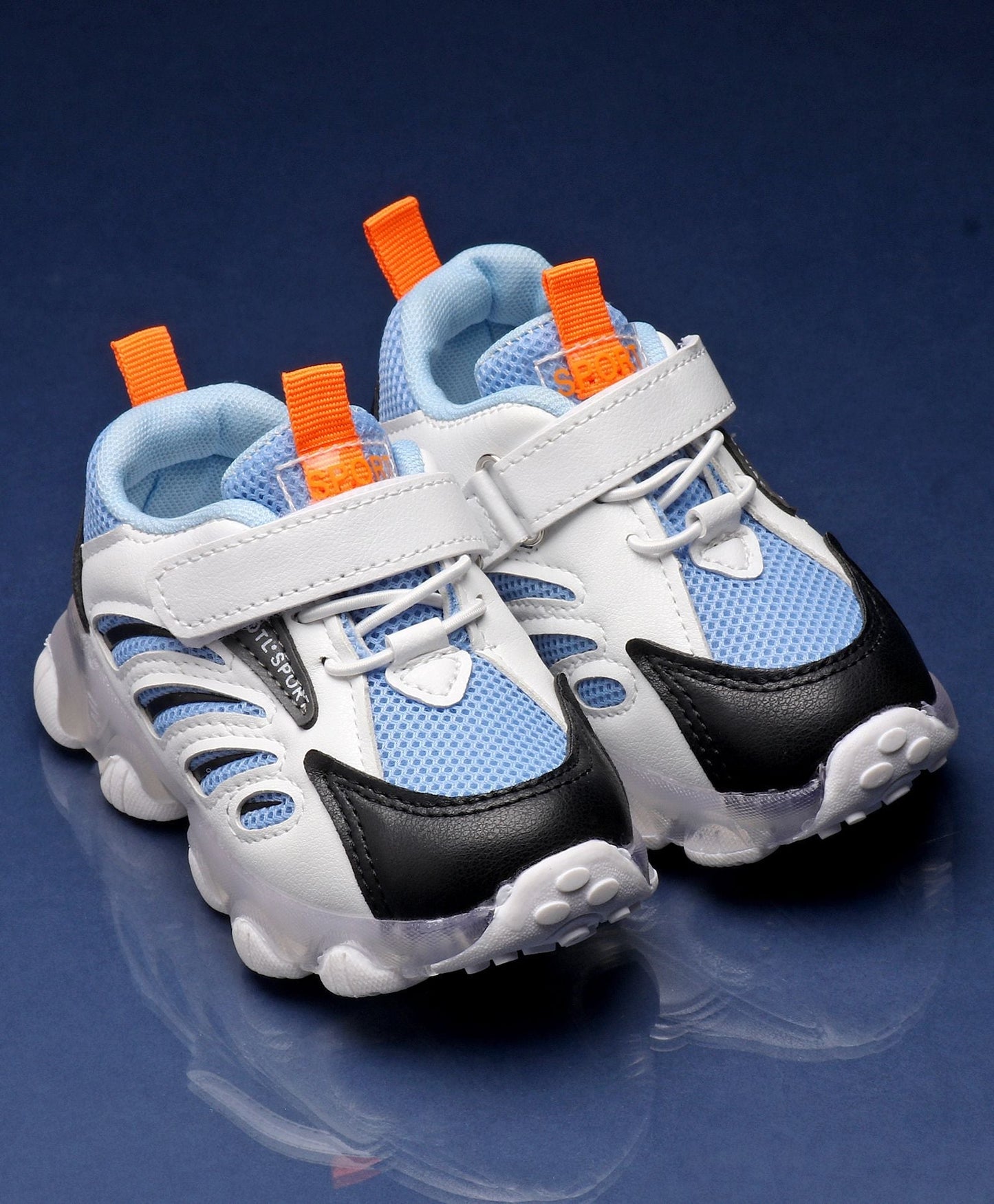 Kidlingss Wave Design Velcro Closure Round Tip Flat Heel LED Shoes – Blue