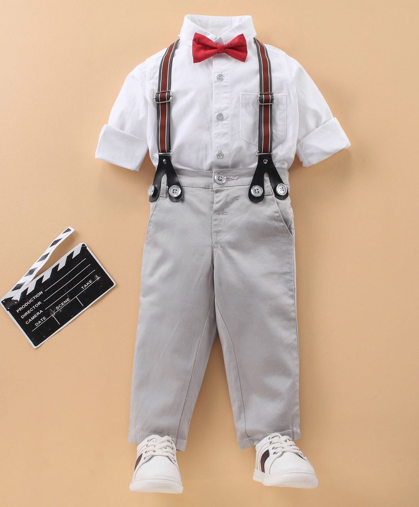 Babyhug Full Sleeves Shirt & Trouser with Suspenders & Bow Solid - Grey White