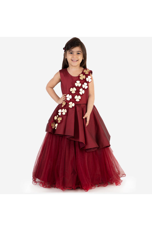 Maroon gown with 3D flowers