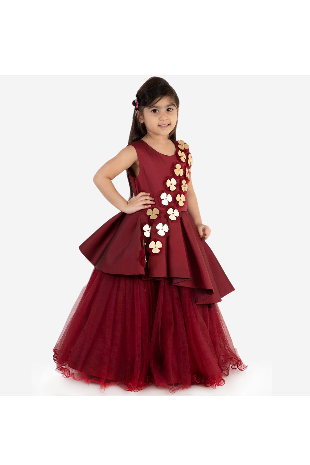 Maroon gown with 3D flowers
