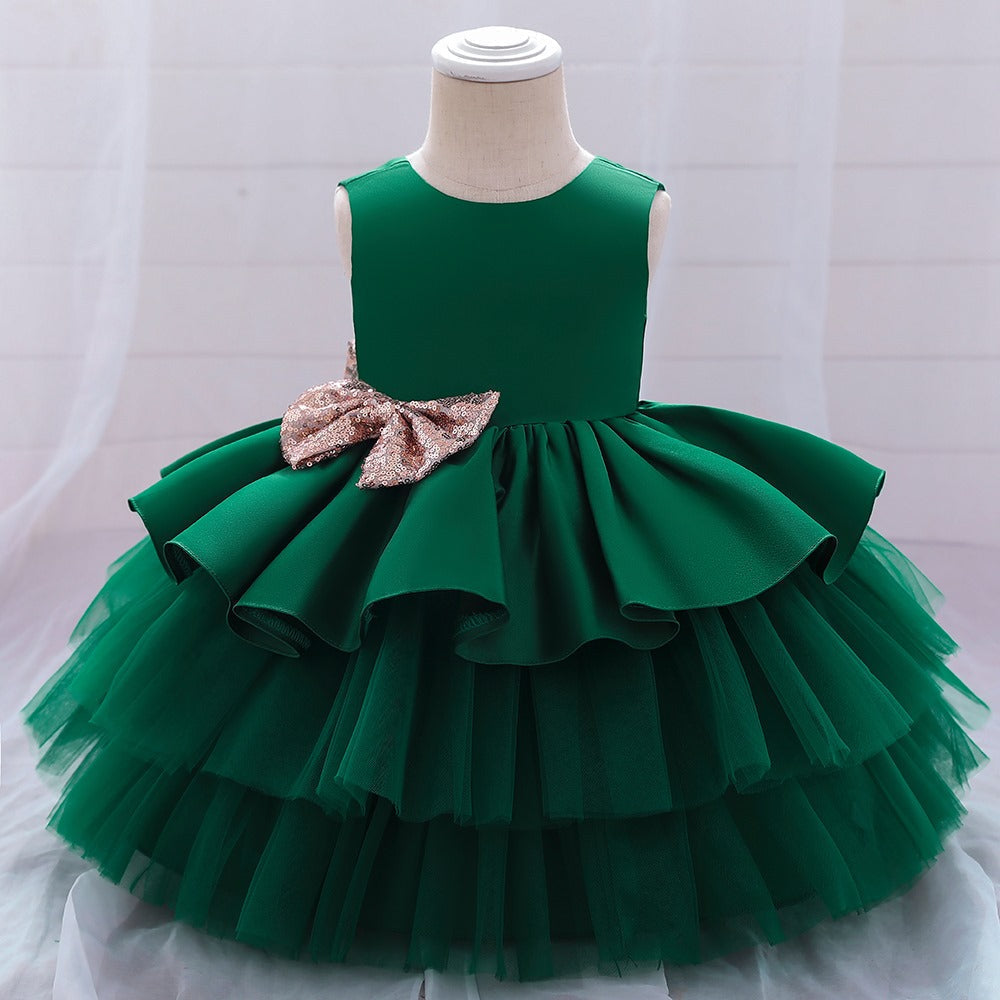 Green Color Net Solid Frock Dress For Girl