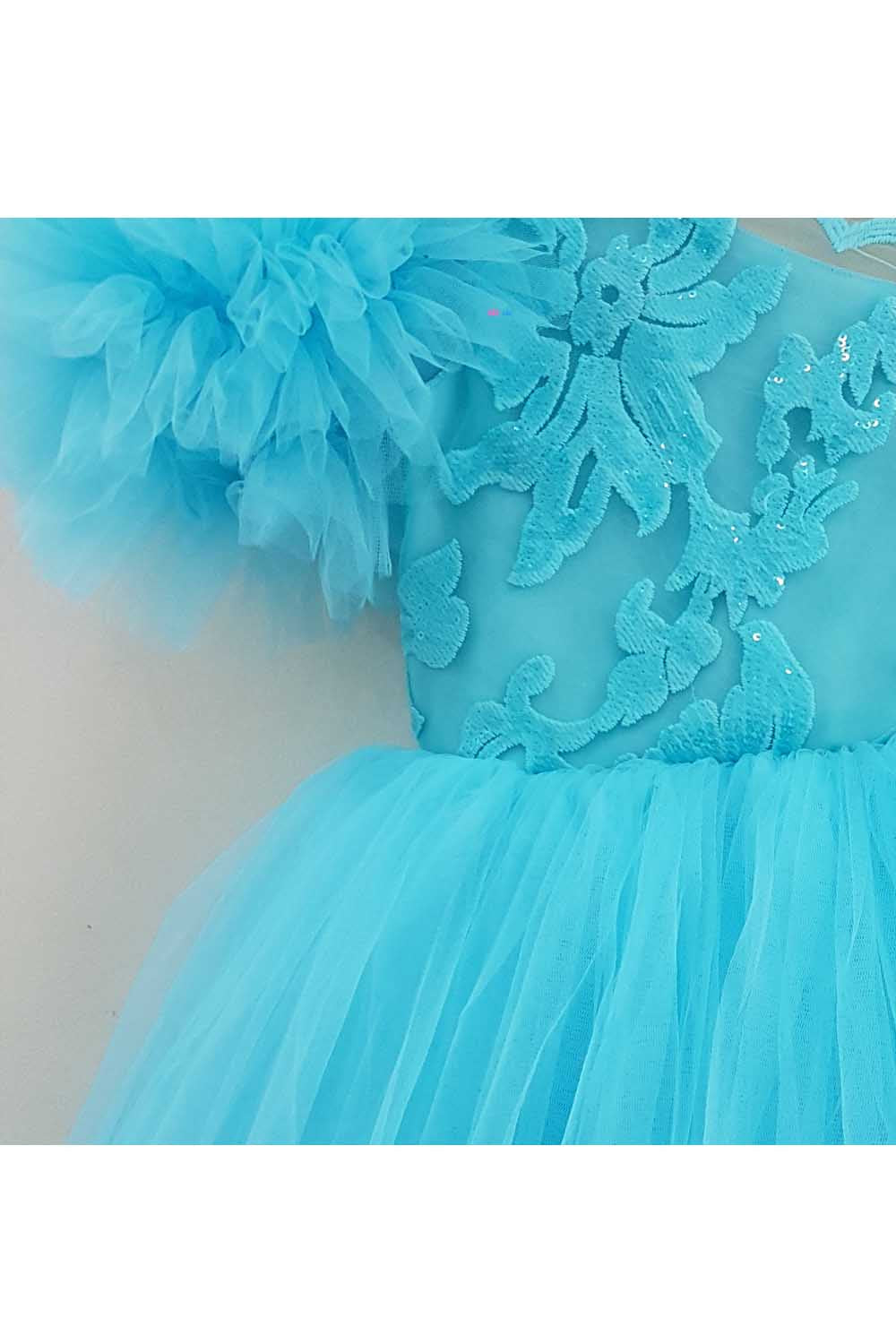 Blue one shoulder embroidered net frilly gown