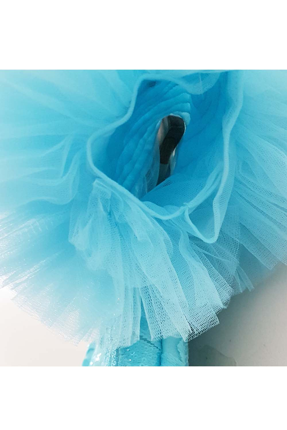 Blue one shoulder embroidered net frilly gown