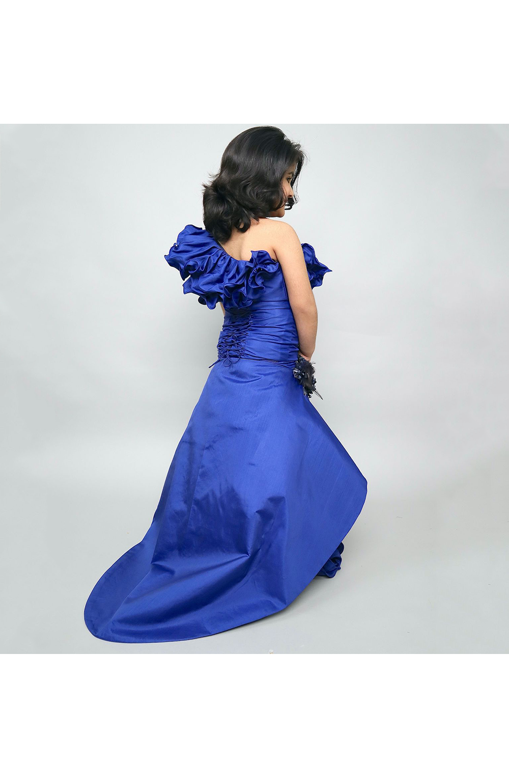 Blueberry one shoulder silk gown with tail