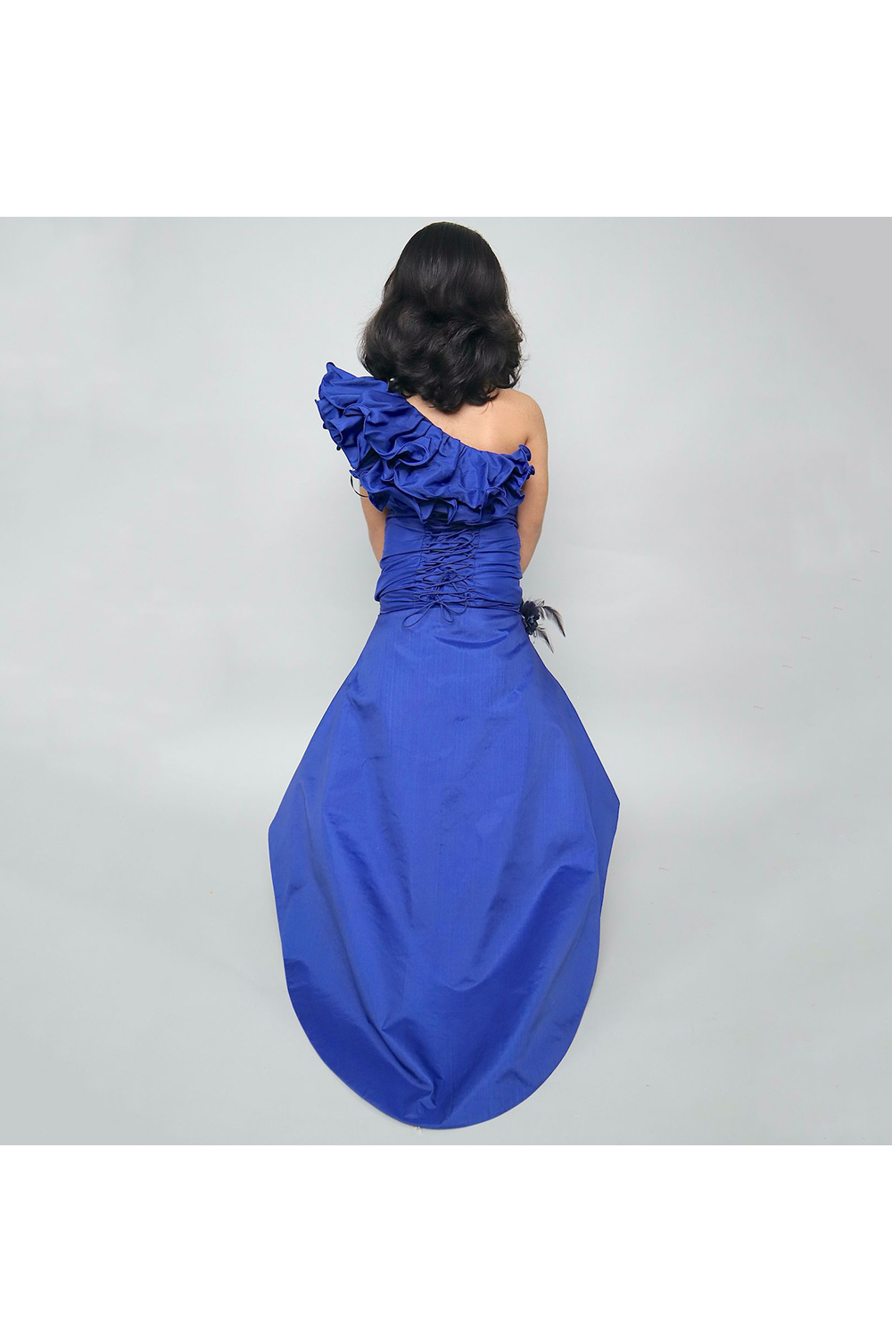 Blueberry one shoulder silk gown with tail