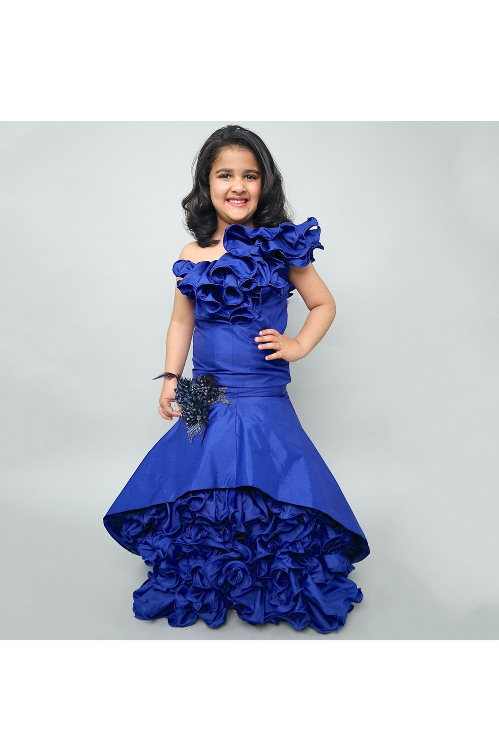 Blueberry one shoulder silk gown with tail