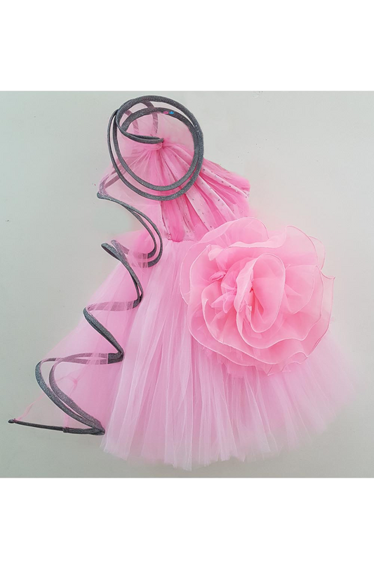 3D rose pink organza big flower gown