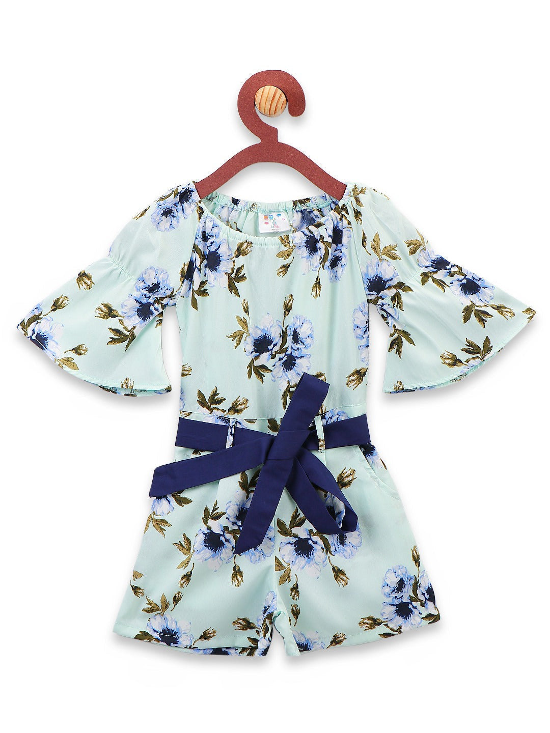 Sky Blue Floral Print Bell Sleeves Jumpsuit