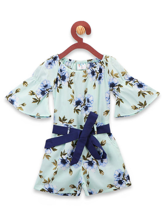 Sky Blue Floral Print Bell Sleeves Jumpsuit