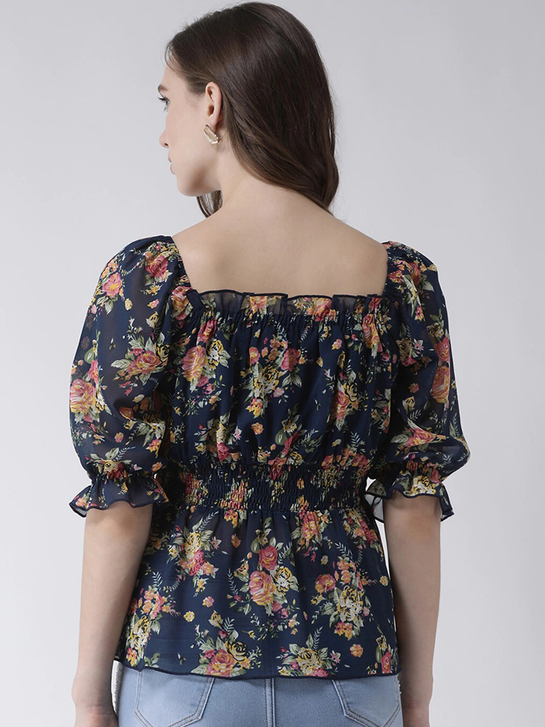Blue Floral Cinched Waist Smocked Top
