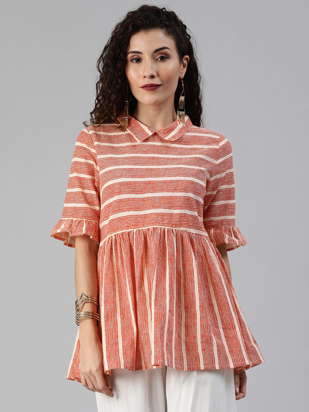 Orange & Off-White Striped Bell Sleeved Pure Cotton Top with Gtahers