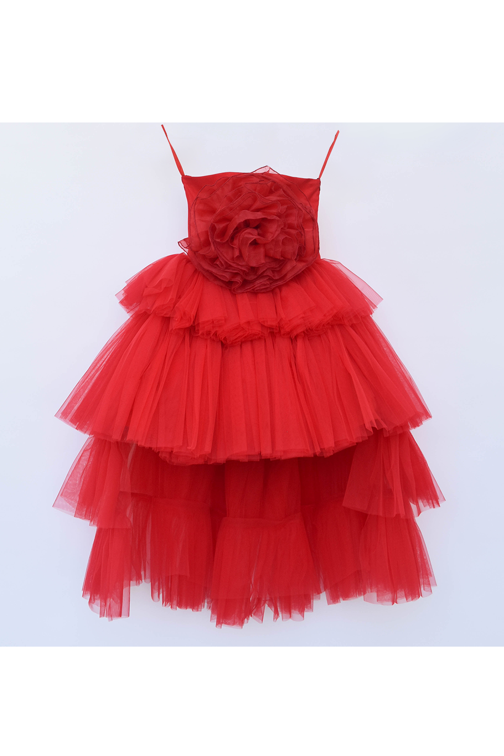 3D red rose net high low gown