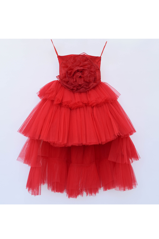 3D red rose net high low gown