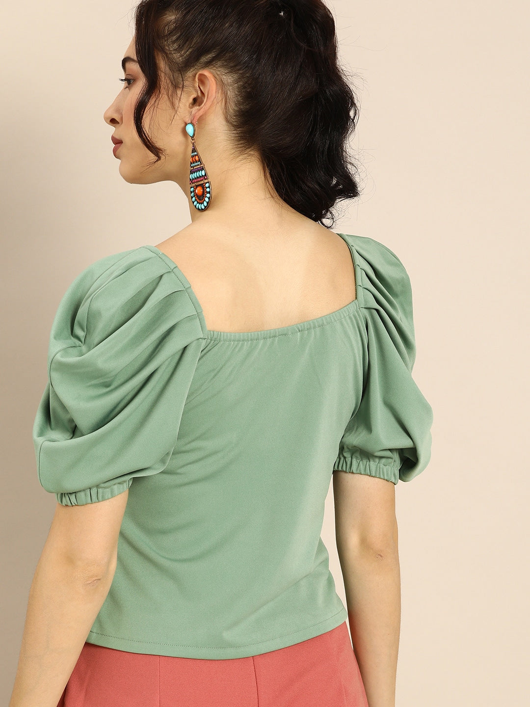Stylish Mint Green Power Shoulders Top