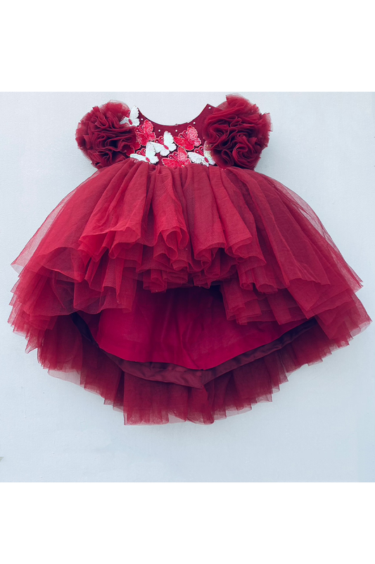 3d butterflies embellished high low maroon gown